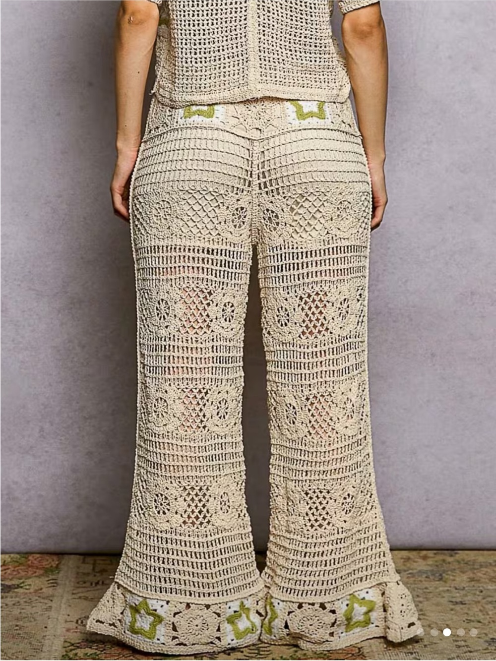 POL Cream Crochet Wide-Leg Pants with Green Star Accents - Picture 3 of 8